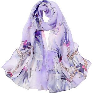 Women's Light Purple Fashion Lightweight Head Scarf Floral Print Chiffon Scarves